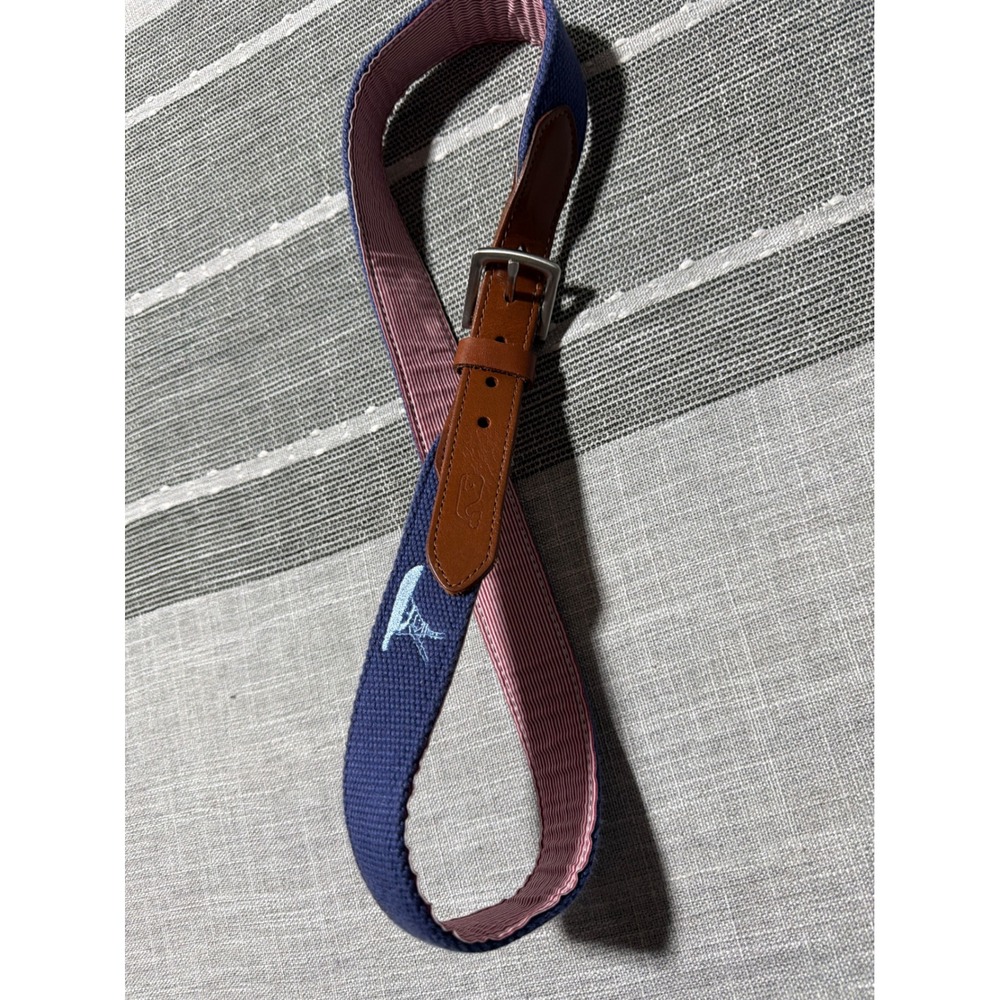 Vineyard Vines Boys Blue Canvas Sailboat‎ Belt Leather Trim Whale Logo Kids